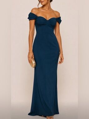 Monique Lhuillier Teal Off-Shoulder Ruched Maxi Gown